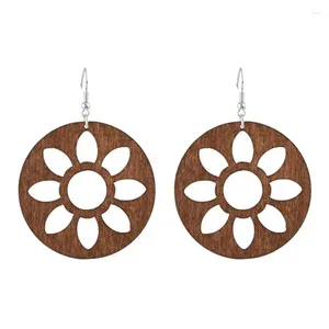 Dangle Earrings Tinct Round Shape Natural Wood Cutout Flower Drop For Women Fashion Large Wooden Jewelry Wholesale