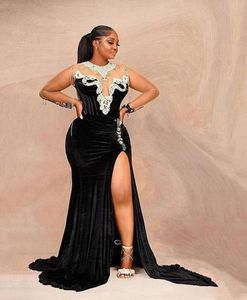 Plus Size Black Mermaid Velvet Prom Dresses Luxury Silver Beaded Crystals High Split Evening Dress Formal Party Gowns Custom Made 6316572