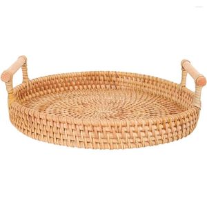 Dinnerware Sets Bohemia Rattan Round Tray Decor Trays For Coffee Table Wicker Serving With Handles