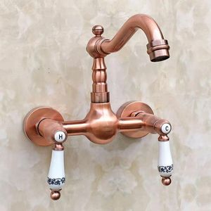 Kitchen Faucets Antique Red Copper Brass Wall Mount Bathroom Sink Vessel Faucet Swivel Spout Cold Mixer Water Tap 2rg033