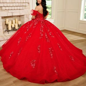 Red Shiny Ball Gown Quinceanera Dresses 2024 Off Shoulder Beaded Appliques Lace Tull Sweet 16 Dress Vestidos De 15 anos