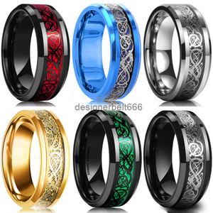 2024SS 8 Färger 8mm Mens Rostfritt stål Dragon Ring Inlay Red Green Black Carbon Fiber Rings Wedding Band Jycken Storlek 6-13