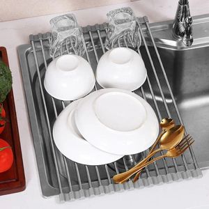 Kök förvaringsrätt torkning av rack Tillbehör Rulla upp rostfritt stål Dräneringsvikbar handfat skålplatta