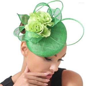 ベレー帽グリーンレディースファッション魅力者フラワーカクテルミリーナリーハットパーティーディナーエレガントなヘアアクセサリーヘアバンドヘッドウェア