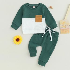 Algodão macio bebê meninos meninas conjunto de roupas para crianças terno manga longa bolso contraste cor moletom moletom roupas infantis 240314