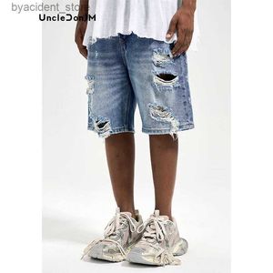 Men's Shorts Mens Ripped Denim Shorts Frayed Vintage Mens Casual Loose Summer Jean Shorts Street Wear Baggy Jorts L240320