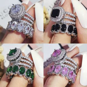 Green Black Pink Sier Color Cushion Wedding Engagement Rings Ring Set för kvinnor Finger Pure Personalized Jewelry R5847