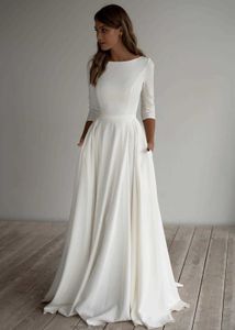 2021 Abito da sposa modesto a-line in crêpe maniche lunghe Pockest Sweep Train Semplice elegante informale Boho Abiti da sposa con maniche Custom Made