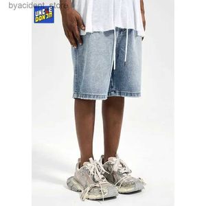 Męskie spodenki umyte w trudnej sytuacji dżinsowe szorty Elastyczne dżinsowe jeorty Jorts Blue Mens Streetwear Hip Hop Loose proste Jean L240320