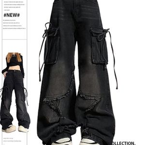 Womens Black Gothic Baggy Cargo Jeans With Star Harajuku Y2K 90s Eesthetic Denim Trousers Emo 2000s Jean Pants Vintage Clothes 240415