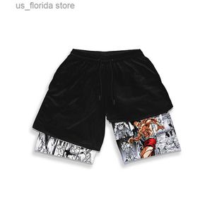 Men's Shorts Mens and Womens Sports Fitness Shorts Anime Print Quick Dry Double Layer Shorts Fashion Casual Summer Y240320