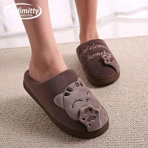Slippers Jodimitty Winter Plush Flat Slippers Warm Cute Cartoon Embroidered Round Toe Flats Indoor Women's Bedroom Shoes Zapatillas Mujer