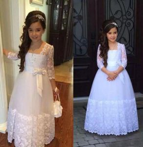 Junior Bridesmaids Dresses A Line Illusion Lace Sleeves Crystals Floor Length Flower Girl Dress with Lovely Bow Custom Made7744325