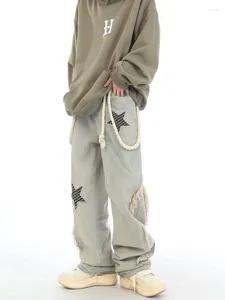 Mäns jeans vintage high street baggy pentagram skarvade håriga hem män amerikansk hip-hop streetwear rak drapey bredben byxor