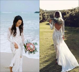 Fantastisk Boho Bohemian Wedding Dresses Beach 2022 Romantisk spets långärmad Bateau V Open Back Bridal Dress Gowns Vestido de Novia8569541