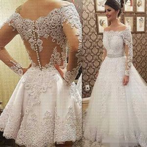 Luxury Appliqued Wedding Dresses Off the Shoulder Beaded Crystal Overskirts Custom Made Long Sleeves Illsuion Short Wedding Bridal Gown