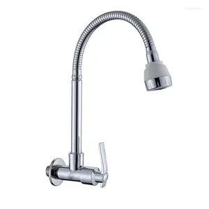 Kitchen Faucets Wall Mounted Faucet 360 Degree Swivel Flexible Hose Double Hole Cold Water Tap Balcony Garden Wash Basin Sink