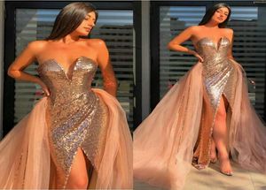 Sexy Rose Gold Evening Dresses With Detachable Train Sweetheart Bling Sequins Tulle Mermaid Prom Dress Split Formal Gowns1684839