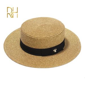 Damer Sun Boater Platt Hatts Small Bee Sequin Straw Hat Retro Guld flätad kvinnlig solskydd Shine Cap RH 240309