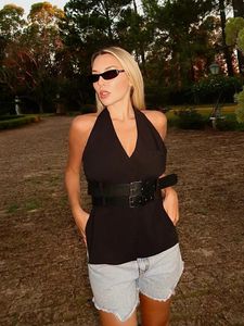 Gilet da donna 2024 Cintura in pelle moda Halter Vest per le donne Sexy scollo a V Backless senza maniche Top corto Vintage femminile High Street Wear