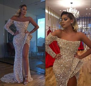 2020 Glitter Aso Ebi Arabic Gold Refleksyjne sukienki balowe Mermaid High Split Sukienki wieczorowe cekinowe przyjęcie formalne drugie przyjęcie 8209321