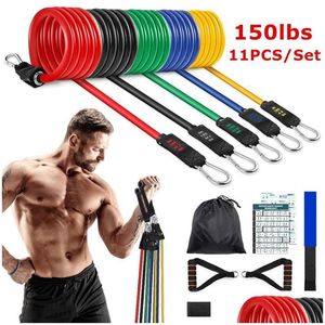 Faixas de resistência 150lbs exercício conjunto 11pcs com alças fitness treino tornozelo tiras equipamentos de porta para casa ginásio drop delivery esporte dho8q