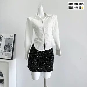 Arbetsklänningar Slim Crop Long-Sleeve Shirts Women Simple Elegant Office Lady Y2K Chic Zipper Korean Style Trendy Inside All-Match
