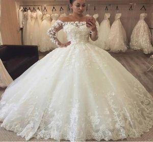 2020 árabe inchado uma linha vestidos de casamento fora do ombro ilusão 3d flor rendas apliques manga longa trem varredura vestido de baile formal br7118804