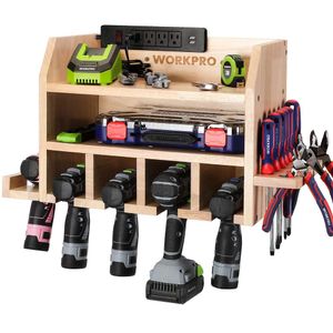 WORKPRO Power Organizer, Cordless Holder Wall Mount with 5 Drill Hanging Slots, Screwdriver Rack, Solid Wooden Tool Storage for Garage, Workshop, Warehouse