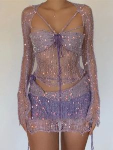 2023 Sexy Hollow Out Sequin Bra Gradient Yarn Skirt 4 Pieces Set Woman Knitted Lace Up Tube Top Outfits Y2k Holiday Beach Suits 240304