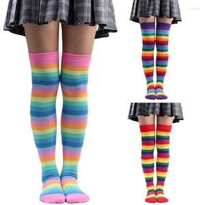 Women Socks 2024 Halloween Thigh High Stockings Over The Knee Striped Rainbow Christmas Elastic