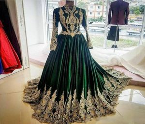 Real verde muçulmano vestidos de noite alta pescoço manga longa vestidos de baile princesa apliques formais vestidos de festa trem varredura kaftan moro8521280