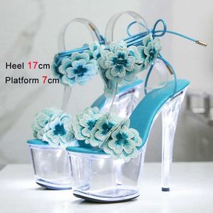 Dress Shoes Woman Transparent Platform High Heels Light Up Glowing Luminous Sandals Handmade Flowers Ankle Strap 17CM Summer For Women H2403214JSN1MR5