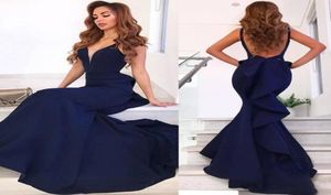 Sexig marinblå rygglös sjöjungfrun prom klänningar rufsar vneck lång kvällsklänning öppen ärmlös 2020 golvlängd kväll klänning9073894