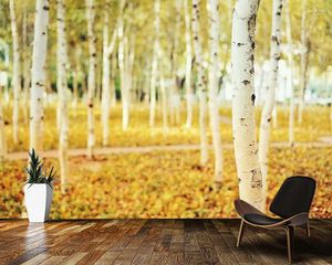 Duvar Kağıtları Papel De Parede Sonbahar Birch Birch Orman Doğal Peyzaj 3D Duvar Kağıdı Duvar Salonu TV Duvar Yatak Odası Kağıtları Ev Dekor