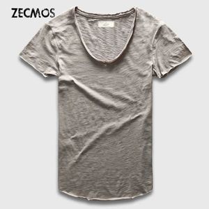 Zecmos Fashion Men T-Shirt With V Neck T Shirts For Men Male Luxury Cotton Plain Solid Curved Hem Top Tees Short Sleeve 240309