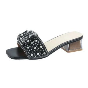Slippers 2024 Rhinestone Sequins Designer Slides Luxury Non-Slip Square Heel Women Fashion New Butterfly-knot SandalsO1SY H240321
