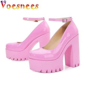 Scarpe eleganti Voesnees New Mary Janes Scarpe rosa Testa tonda Tacco spesso Piattaforma Donna Décolleté Tacchi alti Moda Cinturino con fibbia alla caviglia Singolo H240325