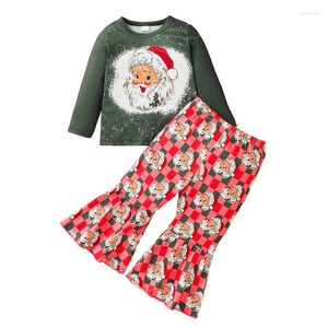 Conjuntos de roupas Criança Natal Bell Bottoms Outfit Bebê Menina Roupas de Inverno Santa Imprimir Crewneck Moletons e Flare Pant Set