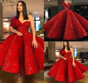 Shiny Red Short Prom Dresses One Shoulder Ruffle Ball Gown Sequnined Beads Arabic Evening Gowns Custom Cooktail Quinceaner Abendkl4962218