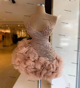 Liten vit klänning Glänsande pärlstav spets mini prom party klänning halter ruffles rose rosa pärlast afrikanska kvinnor formell cocktail klänning7005589