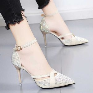 Dress Shoes Smer Color Diamond Woman Rhinestone Ladies Pumps One Line Buckle Pointed Toe Style Walk Show Thin High Heels Cover Heel H240325