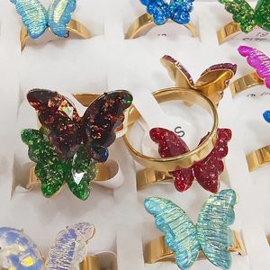 30 pcs of vivid acrylic butterfly mixed color stainless steel rings fashionable womens jewelry gifts party gifts 240312