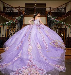 Lilla lavanda Abiti Quinceanera 3D Applique floreale con perline al largo della spalla 2022 Sweep Train Tulle Raso Custom Made Sweet 15 169708095