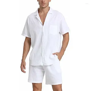 Tute da uomo Set sportivi in cotone e lino estivo Camicia a maniche corte e pantaloncini in tinta unita Set in due pezzi Abito comodo e traspirante da uomo allentato