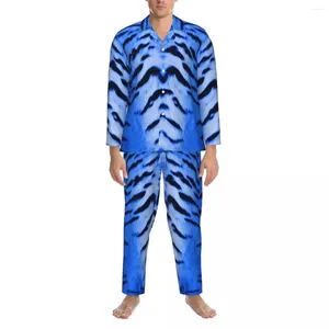 Erkekler Sweetwear Tiger Cilt Baskı Pijamaları Set Sonbahar Mavi Çizgili Moda Gecesi 2 Parça Sıradan Büyük Boyutlu Özel Nightwear Doğum Günü Hediyesi