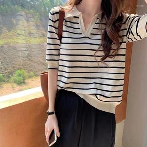 Women's T Shirts Matching Summer Striped Silk Knit POLO Collar Cotton Thread Half Sleeve Thin Loose T-shirt For Women Slim Top