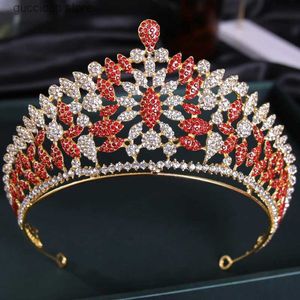 Tiaras Vintage Barok Kırmızı Renk Düğün Kaçağı Takı Gelin Başlığı Kadın Kristal Tiaras Gelin Kronlar Düğün Saçları y240320