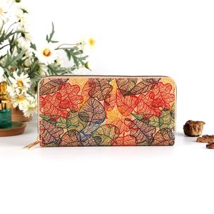 5pcs Wallets Retro Cork Leather Leaf Kettle Printing Multifunctional Long Credit Card Holder Mix Style