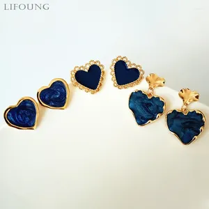 Stud Earrings Navy Blue Enamel Heart For Women Cute Post Ear Studs Retro Metal Fashion Style Jewelry Trend Love Girl Gift 2024237